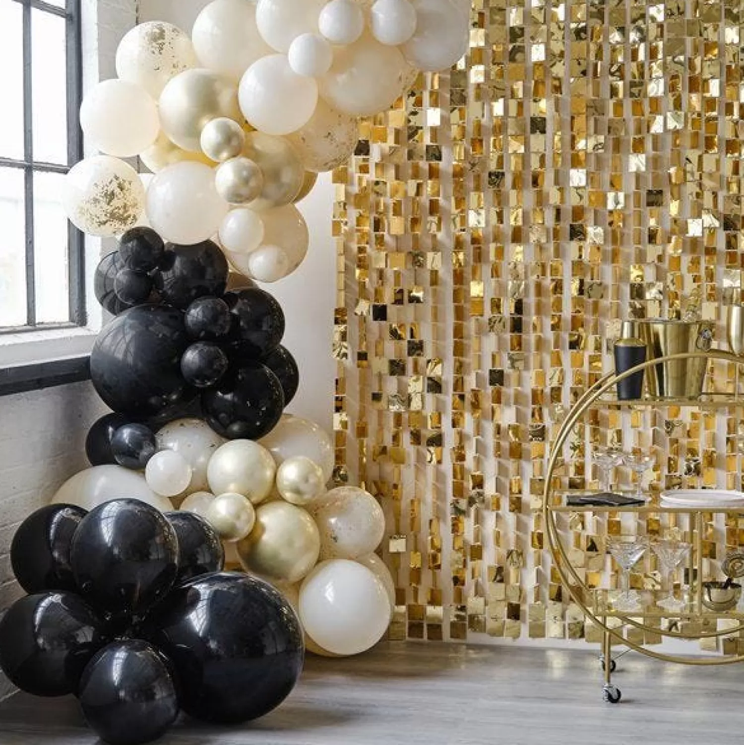 Fashion Party Delights Black, Cream, Nude And Champagne Chrome Balloon Arch - 70 Balloons