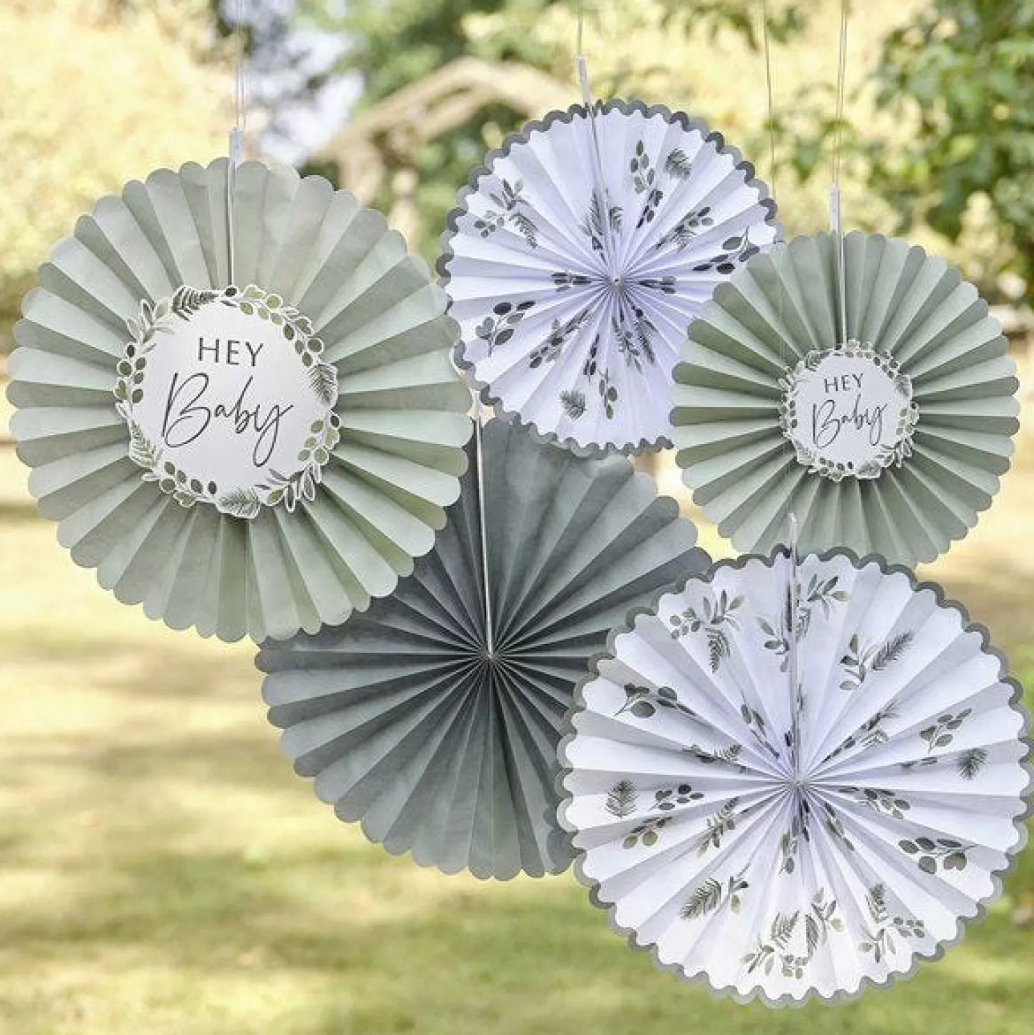 Online Party Delights Botanical 'Hey Baby' Paper Fan Decorations (5Pk)