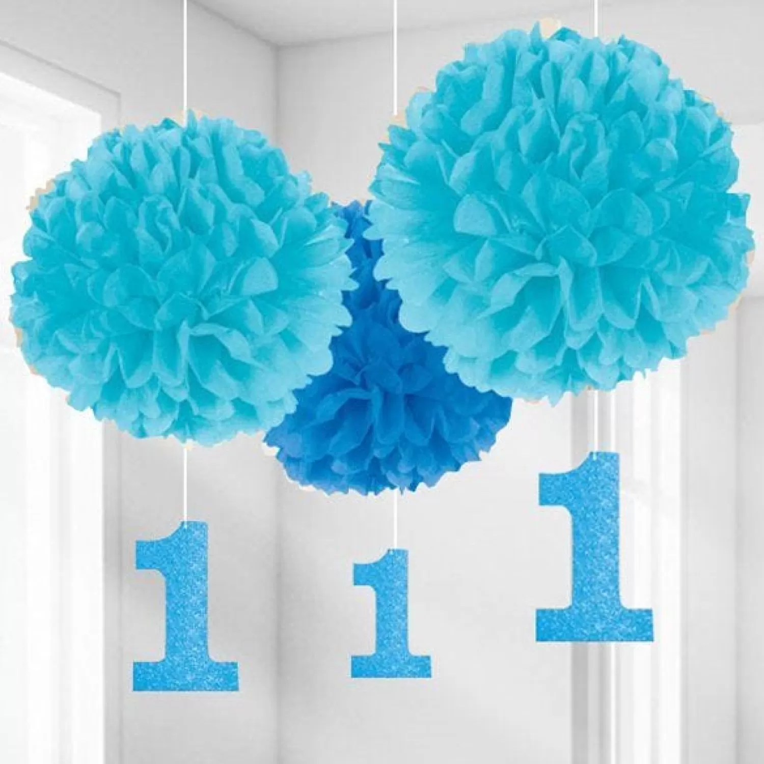 Clearance Party Delights Boy's 1St Birthday Pom Pom Decorations - 40Cm (3Pk)