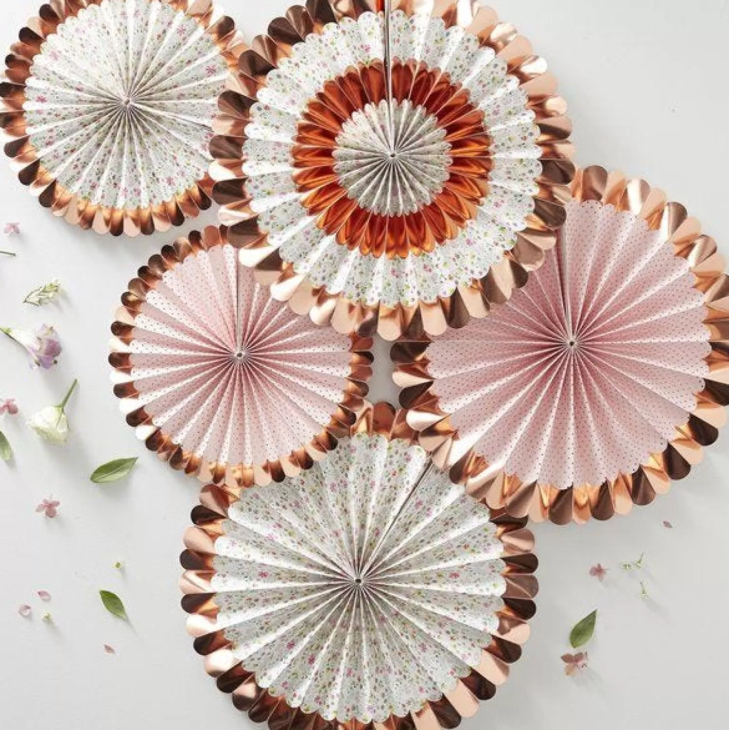 Hot Party Delights Ditsy Floral Rose Gold Foiled Fan Decorations - 38Cm (5Pk)