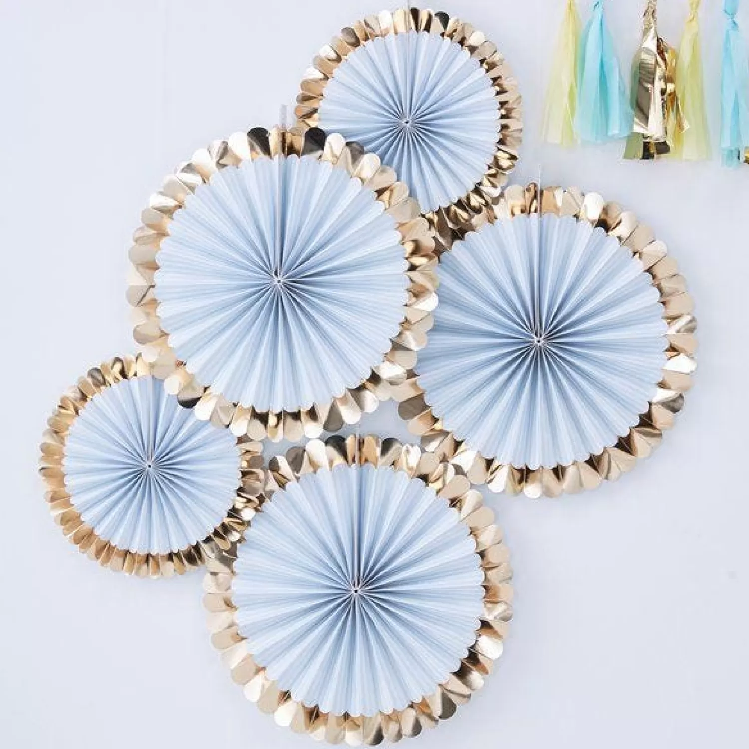 Hot Party Delights Gold Foiled Pastel Blue Paper Fan Decorations - 38Cm (5Pk)