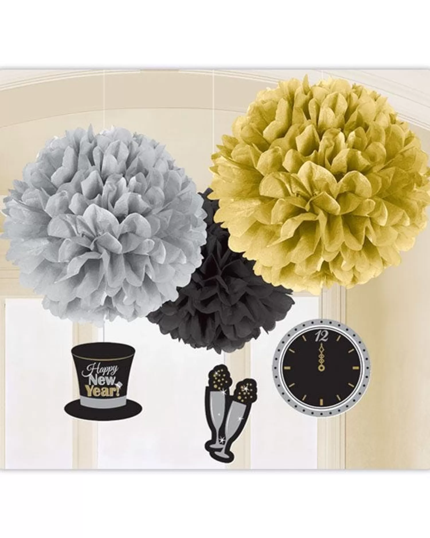 Clearance Party Delights Metallic New Year's Eve Pom Pom Decorations - 40Cm (3Pk)