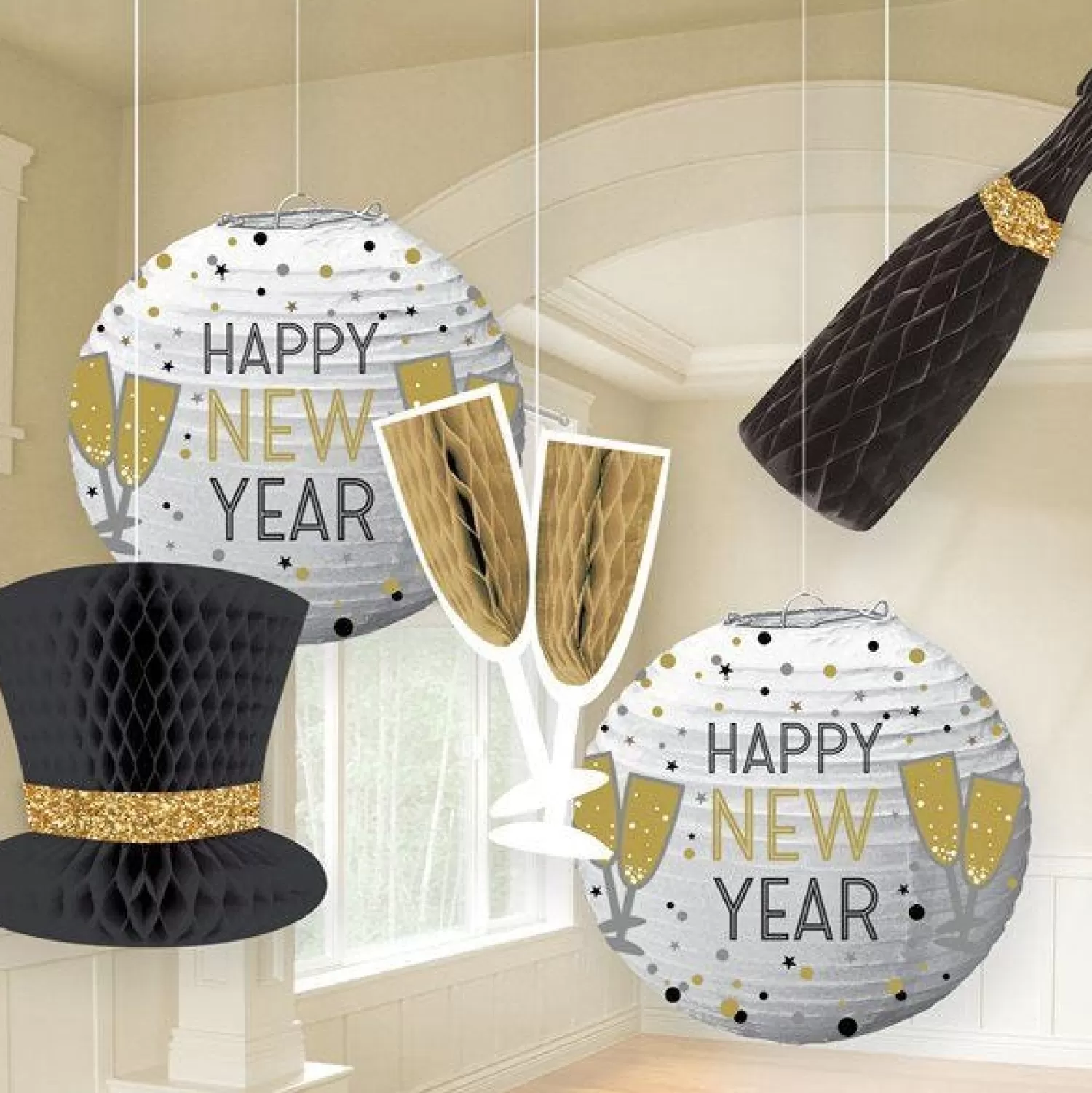 Hot Party Delights New Year's Eve Lanterns & Honeycomb Decorations (5Pk)