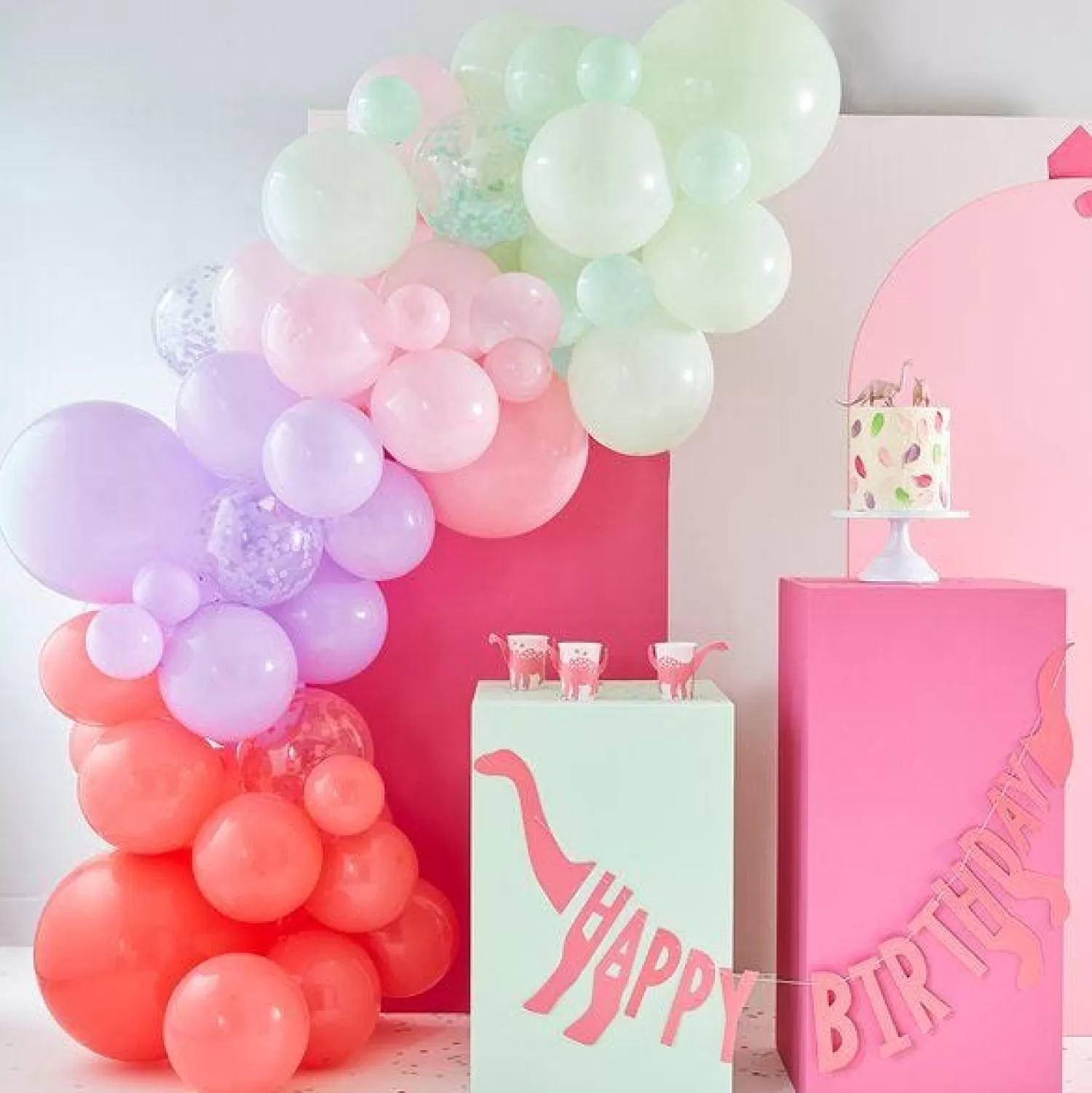 Online Party Delights Pink, Lilac, Pastel Green And Confetti Balloon Arch - 75 Balloons