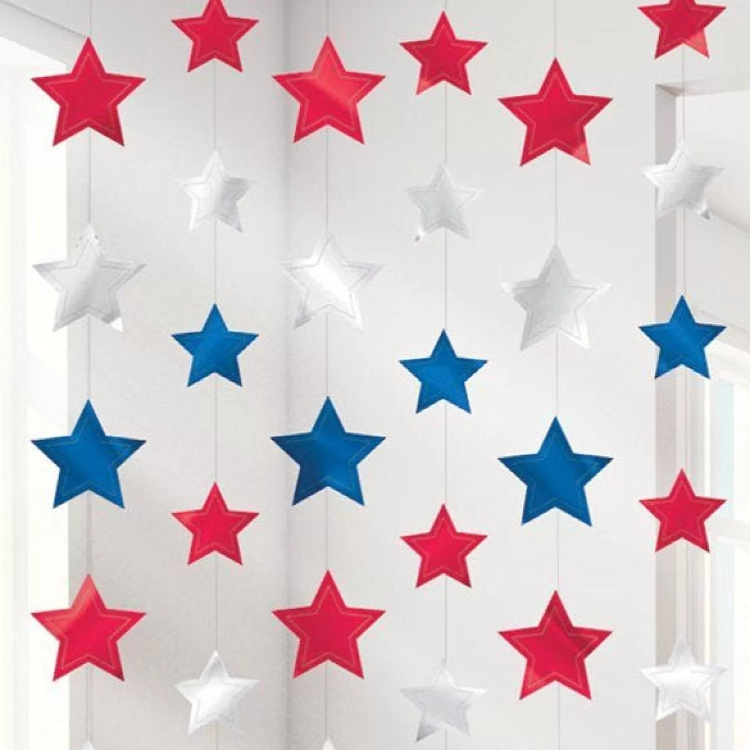 Best Party Delights Red, Silver & Blue Star Hanging Strings Decorations - 2.1M (6Pk)