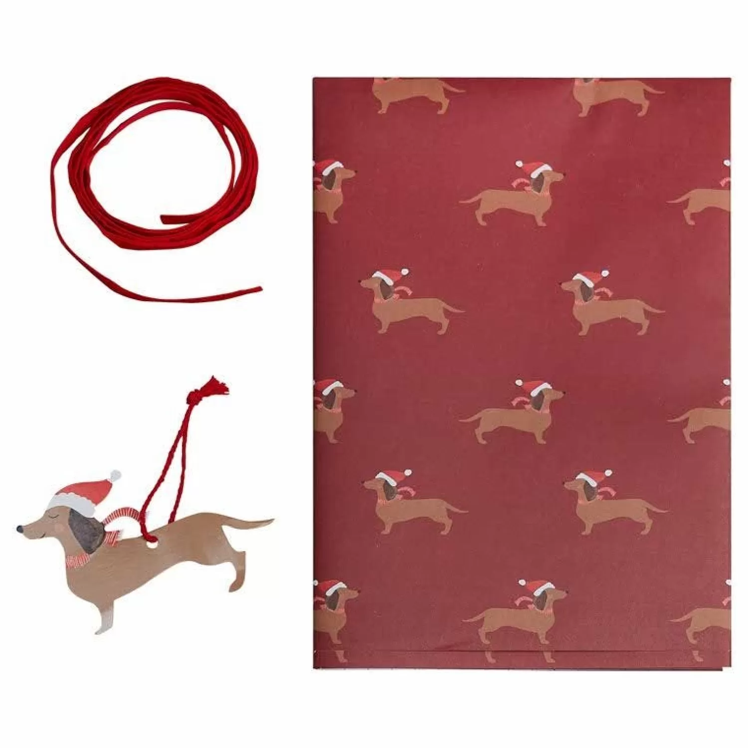 Sausage Dog Christmas Wrapping Paper Kit - 2 Sheets (70Cm X 50Cm) With Tags & Ribbon<Party Delights Best