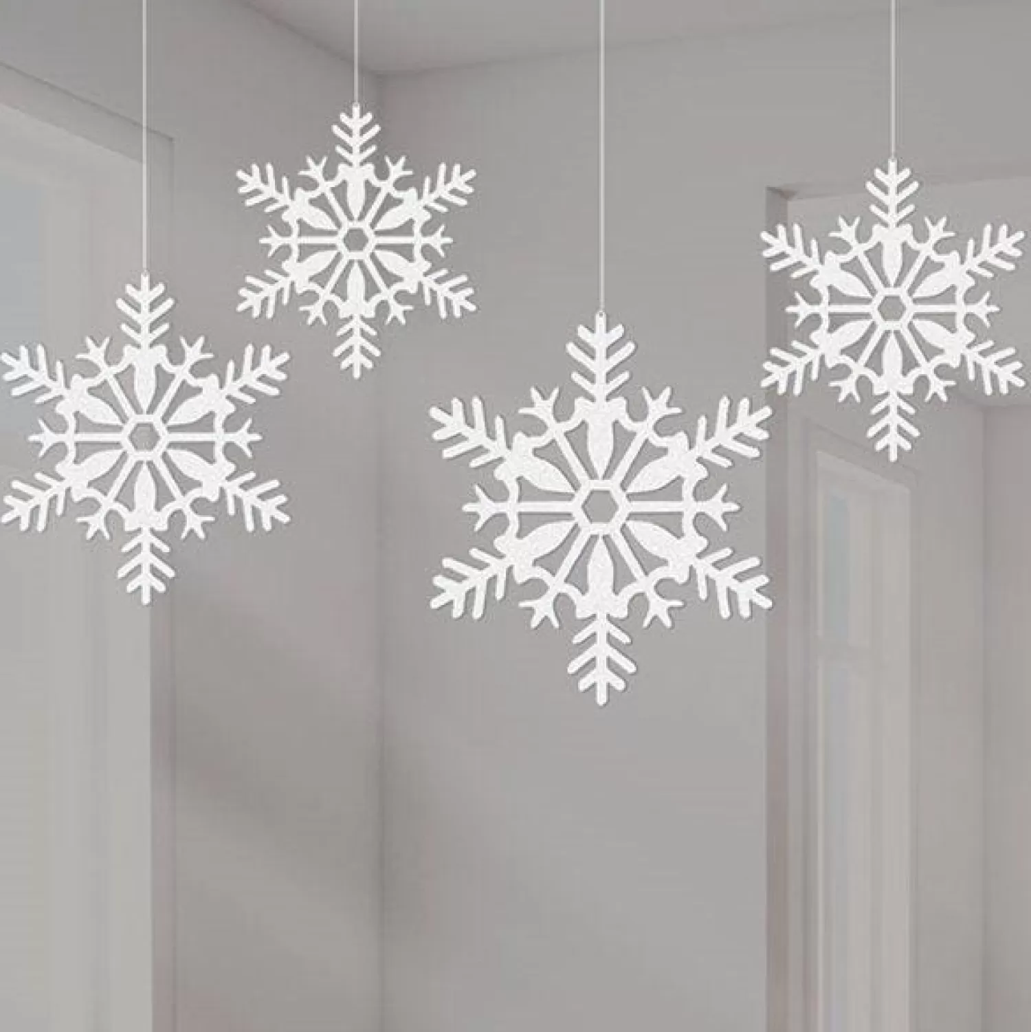 Outlet Party Delights White Glitter Snowflake Hanging Decorations - 10Cm (4Pk)
